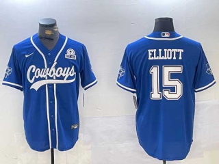 Men's NFL Dallas Cowboys #15 Ezekiel Elliott Royal With Texas Patch Stitched Cool Base Nike Baseball Jerseys