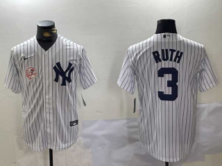 Men's MLB New York Yankees #3 Babe Ruth White Pinstripe Stitched Cool Base Nike Baseball Jersey (2)