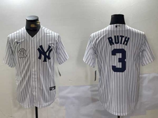 Men's MLB New York Yankees #3 Babe Ruth White Pinstripe Stitched Cool Base Nike Baseball Jersey (3)