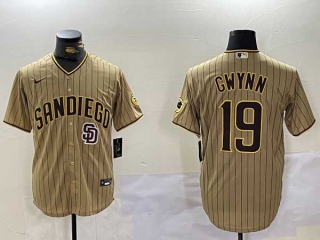 Men's MLB San Diego Padres #19 Tony Gwynn Brown Logo Pinstripe Stitched Cool Base Nike Baseball Jersey