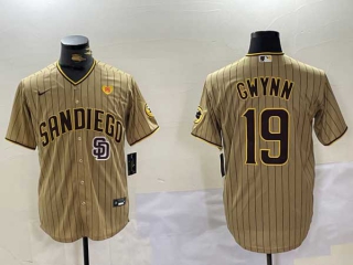 Men's MLB San Diego Padres #19 Tony Gwynn Brown Logo PS Patch Pinstripe Stitched Cool Base Nike Baseball Jersey