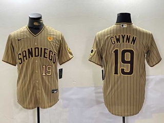 Men's MLB San Diego Padres #19 Tony Gwynn Brown Number PS Patch Pinstripe Stitched Cool Base Nike Baseball Jersey