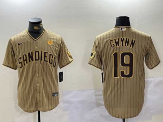 Men's MLB San Diego Padres #19 Tony Gwynn Brown PS Patch Pinstripe Stitched Cool Base Nike Baseball Jersey