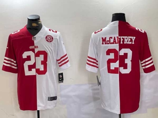 Men's NFL San Francisco 49ers #23 Christian McCaffrey Red White Split Vapor Logo Patch Stitched Nike Football Jersey