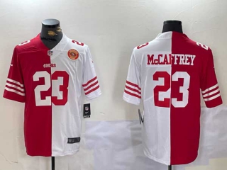 Men's NFL San Francisco 49ers #23 Christian McCaffrey Red White Split Vapor Logo Patch Stitched Nike Football Jerseys