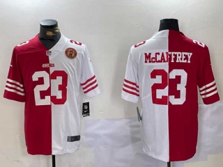 Men's NFL San Francisco 49ers #23 Christian McCaffrey Red White Split Vapor With Gate Bridge Patch Stitched Nike Football Jersey