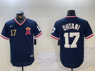 Men's MLB Los Angeles Angels #17 Shohei Ohtani Navy Blue Throwback Cooperstown Collection Stitched Nike Jersey (2)