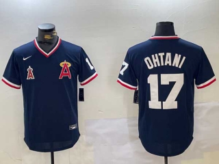 Men's MLB Los Angeles Angels #17 Shohei Ohtani Navy Blue Throwback Cooperstown Collection Stitched Nike Jersey (3)