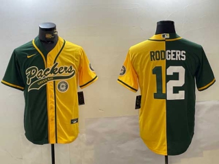 Men's NFL Green Bay Packers #12 Aaron Rodgers Green Yellow Two Tone Logo Cool Base Stitched Nike Baseball Jersey