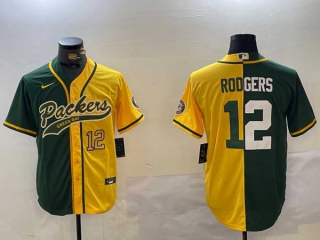 Men's NFL Green Bay Packers #12 Aaron Rodgers Green Yellow Two Tone Number Cool Base Stitched Nike Baseball Jersey