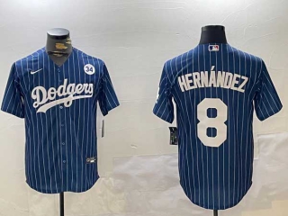 Men's MLB Los Angeles Dodgers #8 Enrique Hernández Navy Pinstripe 34 Patch Stitched Cool Base Nike Baseball Jersey