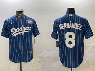 Men's MLB Los Angeles Dodgers #8 Enrique Hernández Navy Pinstripe 2024 World Series Patch Stitched Cool Base Nike Baseball Jersey