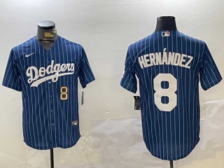 Men's MLB Los Angeles Dodgers #8 Enrique Hernández Navy Pinstripe Gold Number Stitched Cool Base Nike Baseball Jersey