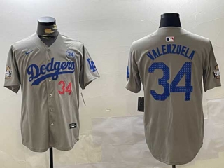 Men's MLB Los Angeles Dodgers #34 Toro Valenzuela Gray 2024 World Series 34 Patch Stitched Cool Base Nike Baseball Jersey