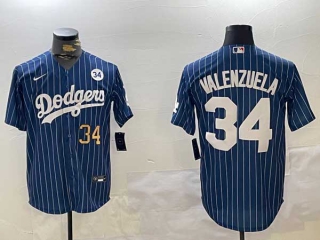 Men's MLB Los Angeles Dodgers #34 Toro Valenzuela Navy Pinstripe 34 Patch Gold Number Stitched Cool Base Nike Baseball Jersey