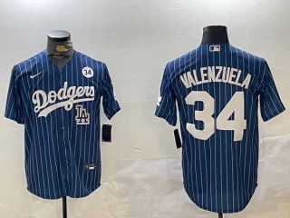 Men's MLB Los Angeles Dodgers #34 Toro Valenzuela Navy Pinstripe 34 Patch Logo Stitched Cool Base Nike Baseball Jersey