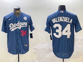 Men's MLB Los Angeles Dodgers #34 Toro Valenzuela Navy Pinstripe 34 Patch Red Number Stitched Cool Base Nike Baseball Jersey