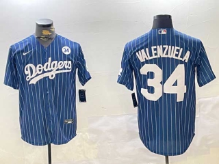 Men's MLB Los Angeles Dodgers #34 Toro Valenzuela Navy Pinstripe 34 Patch Stitched Cool Base Nike Baseball Jersey