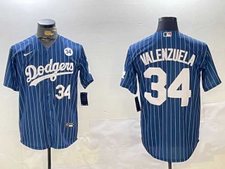 Men's MLB Los Angeles Dodgers #34 Toro Valenzuela Navy Pinstripe 34 Patch White Number Stitched Cool Base Nike Baseball Jersey