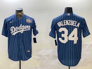 Men's MLB Los Angeles Dodgers #34 Toro Valenzuela Navy Pinstripe 2024 World Series Patch Stitched Cool Base Nike Baseball Jersey