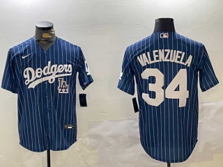 Men's MLB Los Angeles Dodgers #34 Toro Valenzuela Navy Pinstripe Logo Stitched Cool Base Nike Baseball Jersey