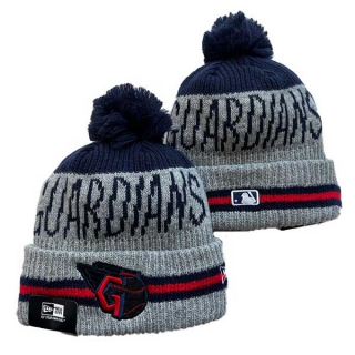 MLB Cleveland Guardians New Era Gray Navy Sport Night Runner Cuffed Beanies Knit Hat with Pom 3007