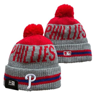 MLB Philadelphia Phillies New Era Gray Red Sport Night Runner Cuffed Beanies Knit Hat with Pom 3003