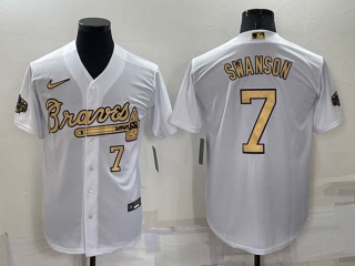 Men's MLB Atlanta Braves #7 Dansby Swanson White 2022 All Star Stitched Cool Base Nike Jersey (6)