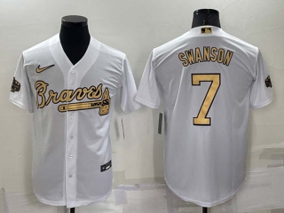 Men's MLB Atlanta Braves #7 Dansby Swanson White 2022 All Star Stitched Cool Base Nike Jersey (5)