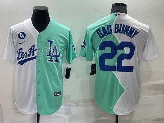 Men's MLB Los Angeles Dodgers #22 Bad Bunny White Green Two Tone 2022 Celebrity Softball Game Cool Base Jersey (27)
