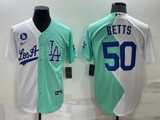 Men's MLB Los Angeles Dodgers #50 Mookie Betts White Green Two Tone 2022 Celebrity Softball Game Cool Base Jersey (28)