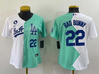 Women's Los Angeles Dodgers #22 Bad Bunny White Green Two Tone 2022 Celebrity Softball Game Cool Base Jersey (2)