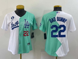 Women's Los Angeles Dodgers #22 Bad Bunny White Green Two Tone 2022 Celebrity Softball Game Cool Base Jersey (3)