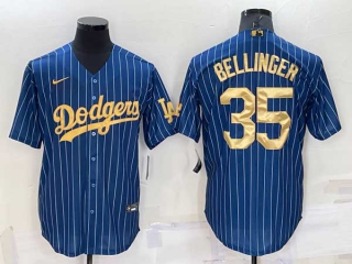 Men's Los Angeles Dodgers #35 Cody Bellinger Navy Blue Gold Pinstripe Stitched MLB Cool Base Nike Jersey