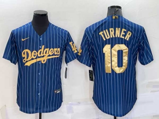 Men's Los Angeles Dodgers #10 Justin Turner Navy Blue Gold Pinstripe Stitched MLB Cool Base Nike Jersey