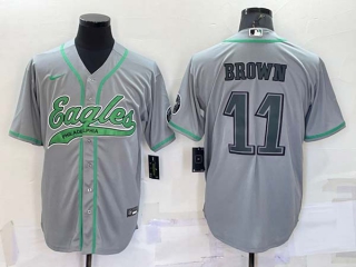 Men's Philadelphia Eagles #11 AJ Brown Grey With Patch Cool Base Stitched Baseball Jersey