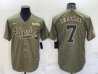Men's Atlanta Braves #7 Dansby Swanson 2021 Olive Salute To Service Limited Stitched Jersey