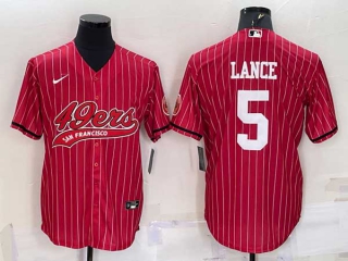 Men's San Francisco 49ers #5 Trey Lance Red Pinstripe With Patch Cool Base Stitched Baseball Jersey