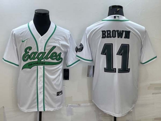 Men's Philadelphia Eagles #11 A. J. Brown White With Patch Cool Base Stitched Baseball Jersey