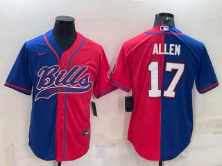 Men's Buffalo Bills #17 Josh Allen Royal Red Split With Patch Cool Base Stitched Baseball Jersey