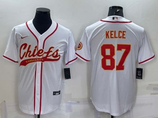 Men's Kansas City Chiefs #87 Travis Kelce White With Patch Cool Base Stitched Baseball Jersey