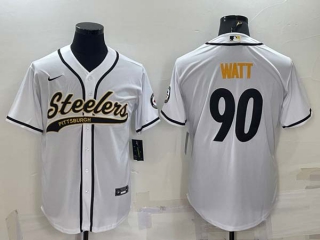 Men's Pittsburgh Steelers #90 TJ Watt White With Patch Cool Base Stitched Baseball Jersey
