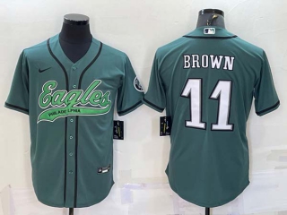 Men's Philadelphia Eagles #11 AJ Brown Green With Patch Cool Base Stitched Baseball Jersey