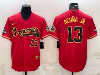 Men's Atlanta Braves #13 Ronald Acuna Jr Red Gold World Series Champions Program Cool Base Stitched Baseball Jersey