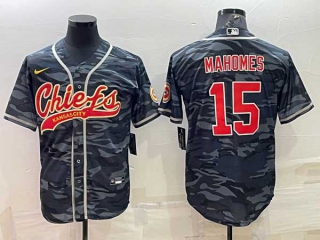 Men's Kansas City Chiefs #15 Patrick Mahomes Grey Navy Camo With Patch Cool Base Stitched Baseball Jersey
