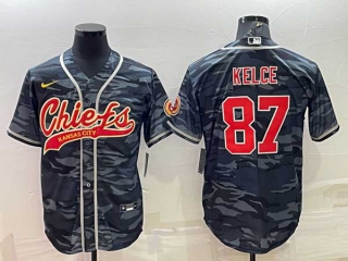 Men's Kansas City Chiefs #87 Travis Kelce Grey Navy Camo With Patch Cool Base Stitched Baseball Jersey