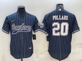 Men's Dallas Cowboys #20 Tony Pollard Navy Blue Pinstripe With Patch Cool Base Stitched Baseball Jersey