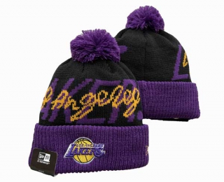 NBA Los Angeles Lakers New Era Black Purple Confident Cuffed Knit Hat with Pom 3036
