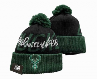NBA Milwaukee Bucks New Era Black Green Confident Cuffed Knit Hat with Pom 3008