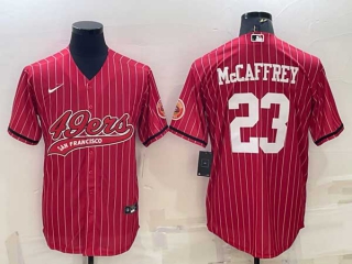 Men's San Francisco 49ers #23 Christian McCaffrey Red Pinstripe With Patch Cool Base Stitched Baseball Jersey